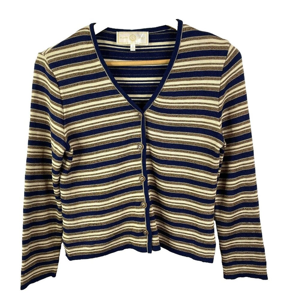 St John Sport Cardigan Sweater Womens Size Small Navy Blue Gold Striped Holiday